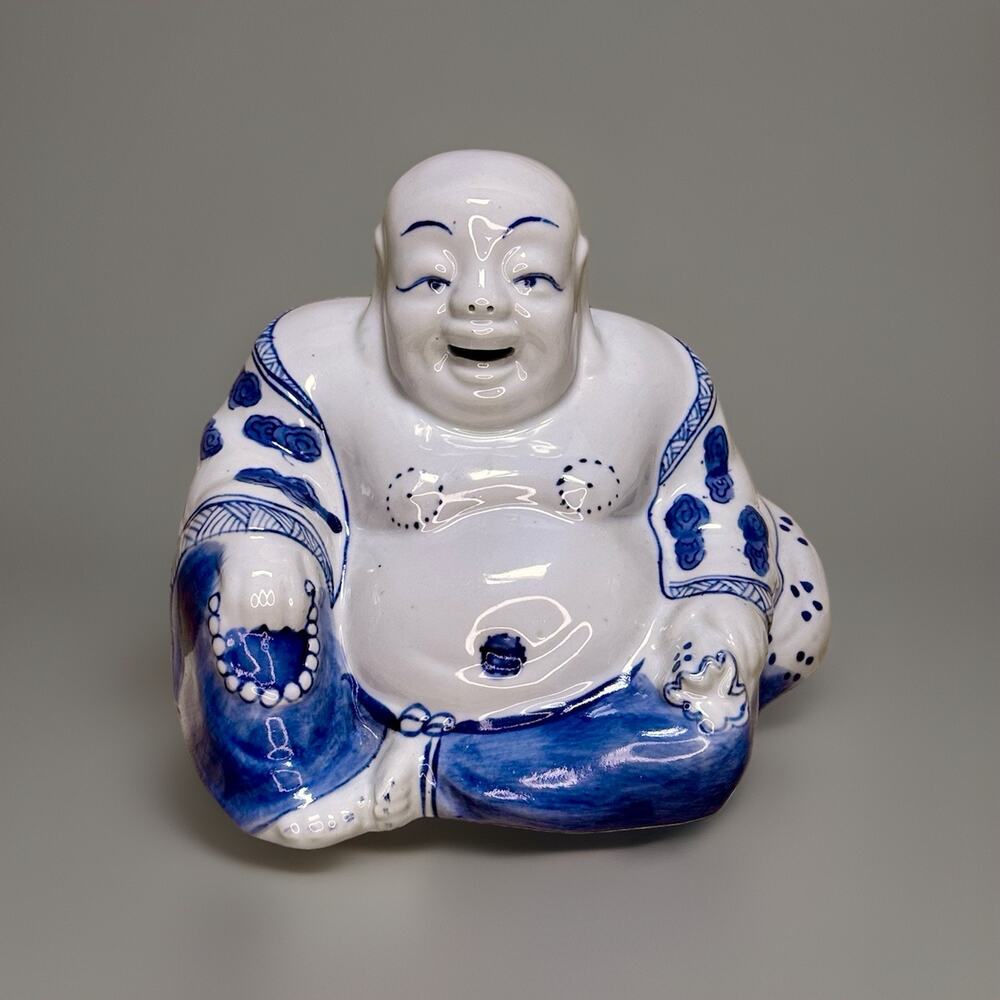 Vintage Porcelain Hotei Buddha Chinese Japanese Blue White Happy Laughing
